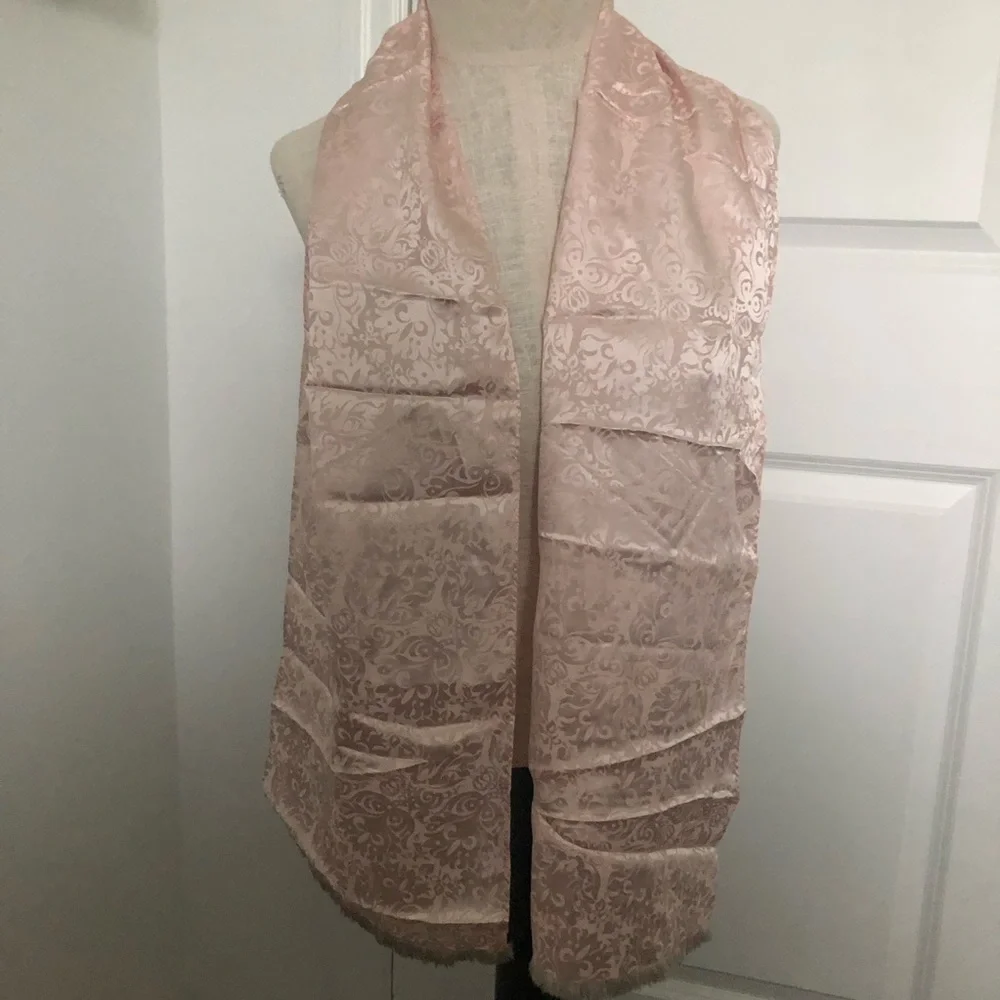 Vintage Lord & Taylor Peach Brochade Silk Scarf with Fringe